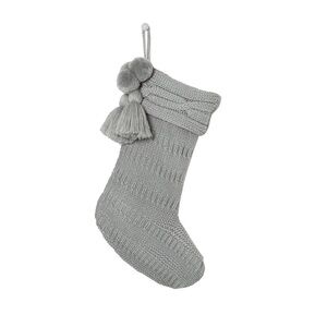 Hearth & Hand Gray Cable Knit Holiday Stocking w/ Tassels & Pom-Pom Balls - NWT!